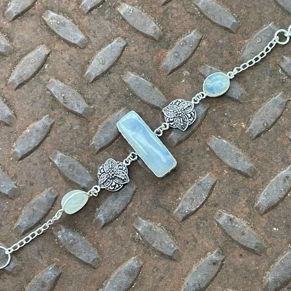 Women Handmade Bracelet Silver Tone Real Rainbow Moonstone Wrist Band Jewelry - Picture 7 of 12